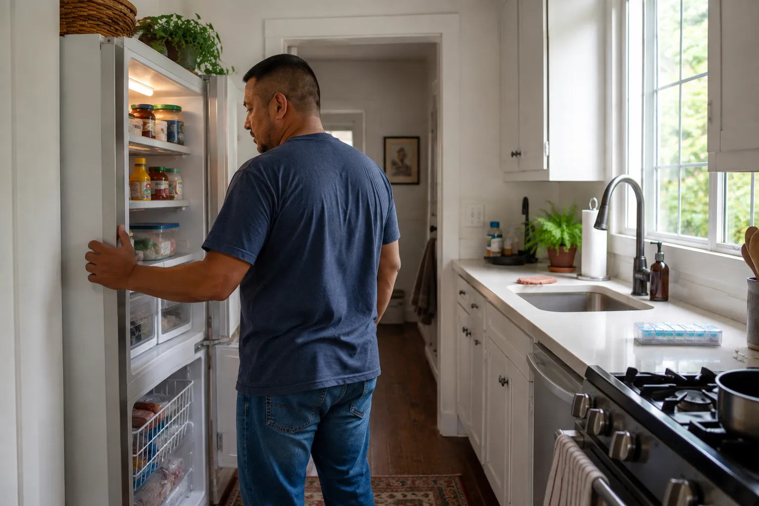 Middle-aged son quietly checking his mother's kitchen, noticing the everyday signs a parent needs assisted living